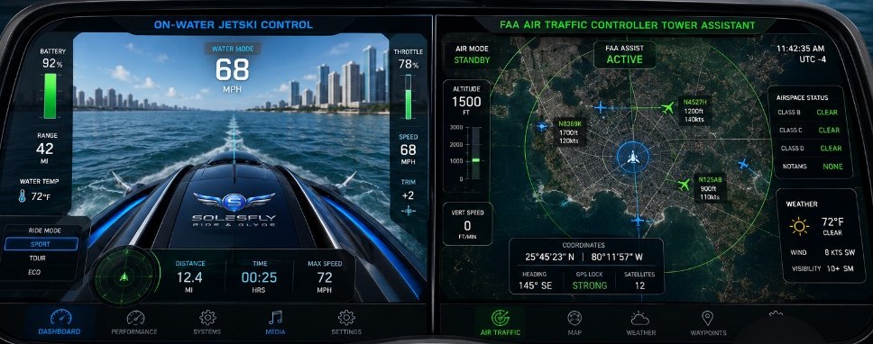 The SOLESFLY splitscreen dashboard during a personal transport mobility situation