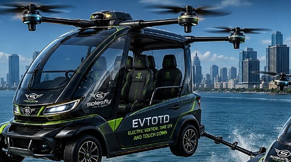 SOLESFLY EVTOTD flying golf cart hovering above the water with its four rotor arms deployed