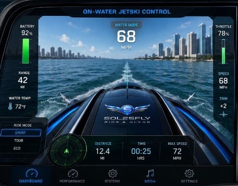 ALIAS Matrix drive control on the left of the SOLESFLY splitscreen dashboard, showing battery, range, water temperature, throttle, speed, trim and ride mode