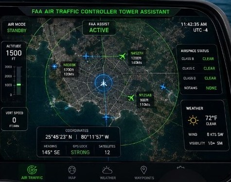 FAA Air Traffic Controller Tower Assistant on the right of the SOLESFLY splitscreen dashboard, showing altitude, traffic, airspace status, weather and geographical coordinates maps