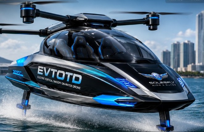 SOLESFLY EVTOD sports flying water jetski lifting off the ocean on four rotors